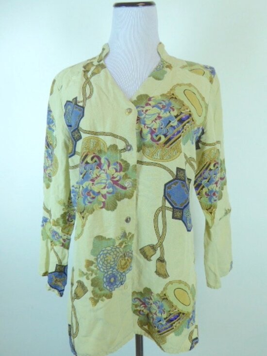 Citron Tops - CITRON Santa Monica celadon green purple asian floral silk top jacket M